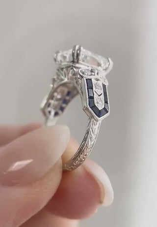 3.40 Carat Cushion Cut Diamond and Sapphire Antique Style  Ring Platinum *** By Chelsea Leigh and Company